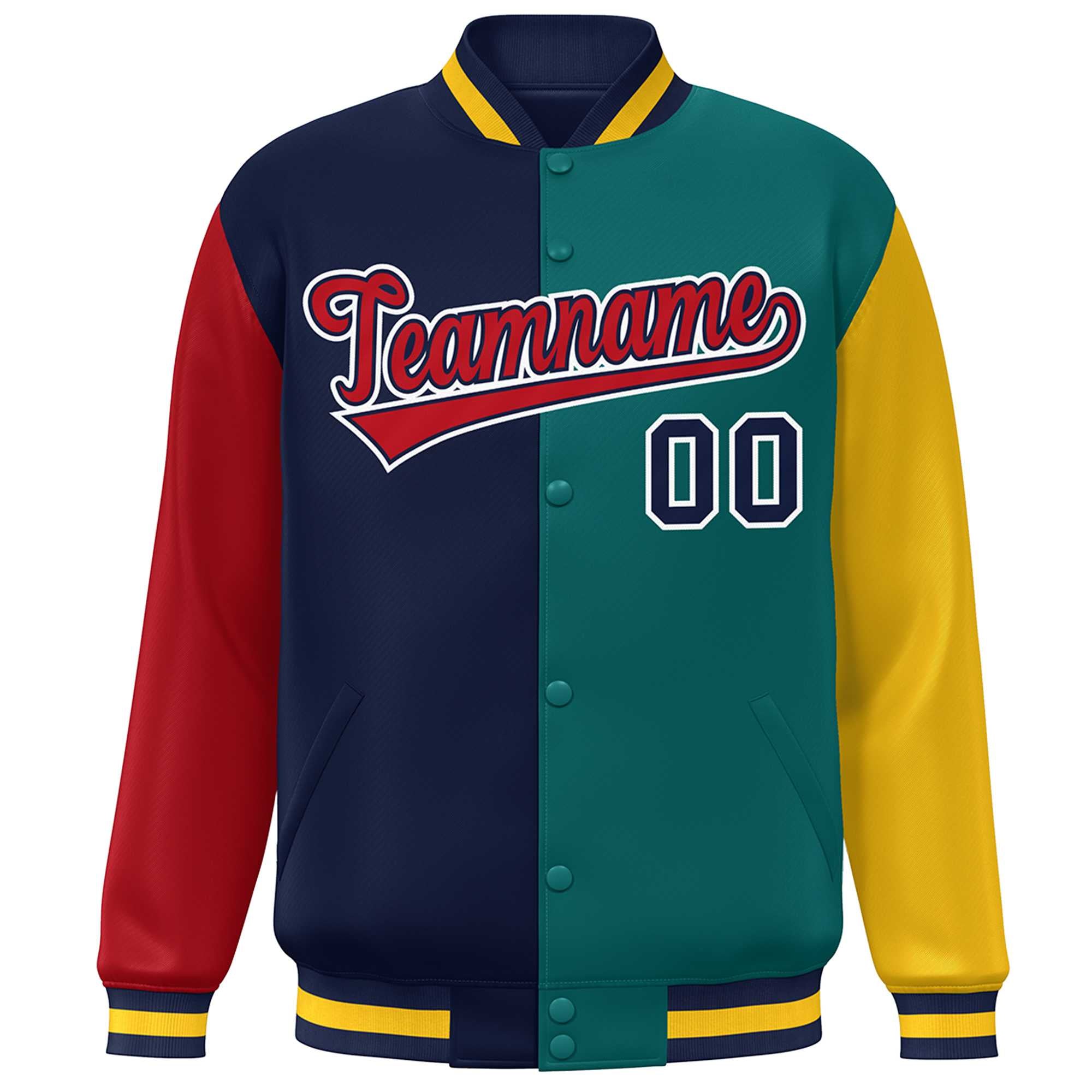 Custom Red Navy Aqua-Gold Color Block Bomber Varsity Full-Snap Baseball Jacket