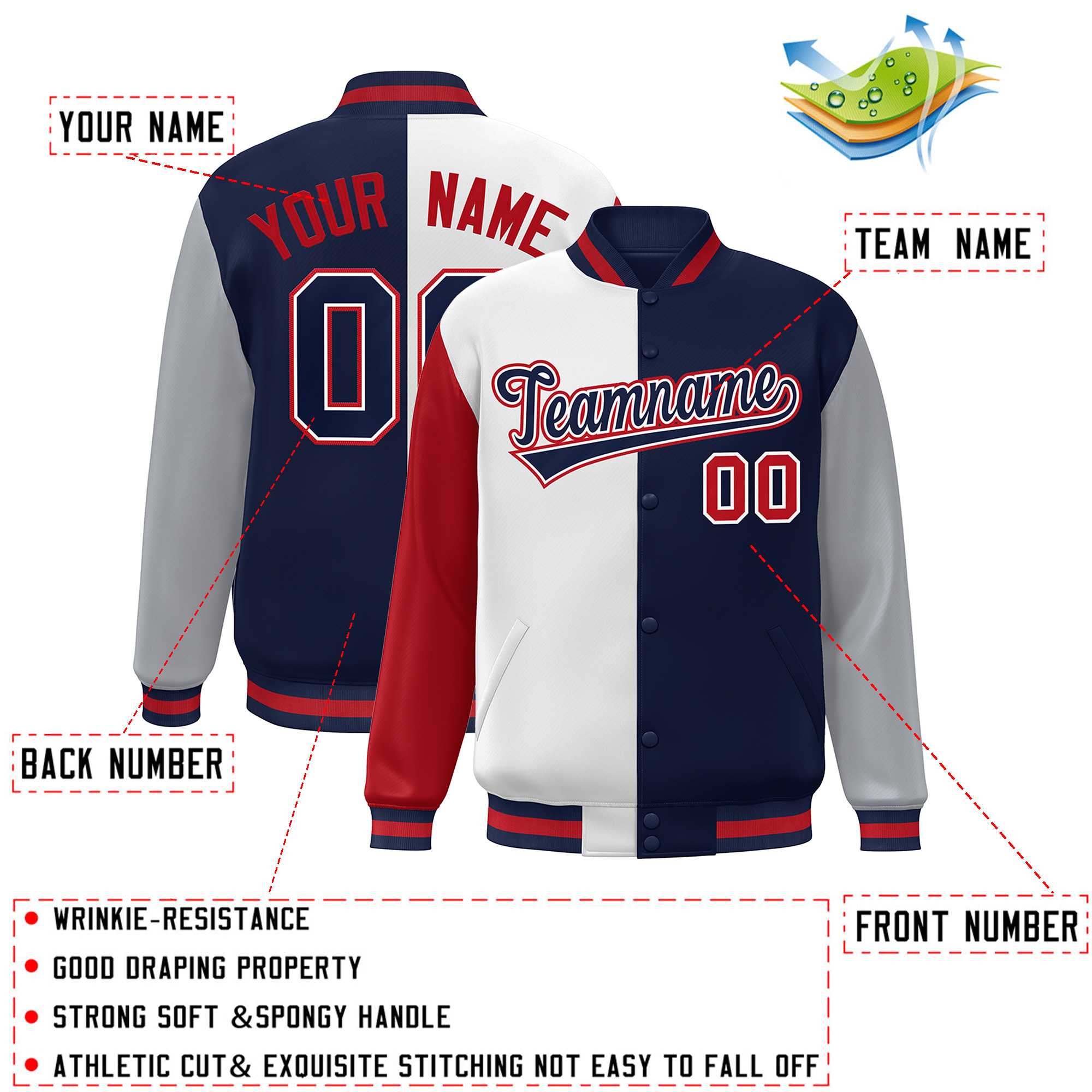 Custom Red White Navy-Gray Color Block Bomber Varsity Full-Snap Baseball Jacket