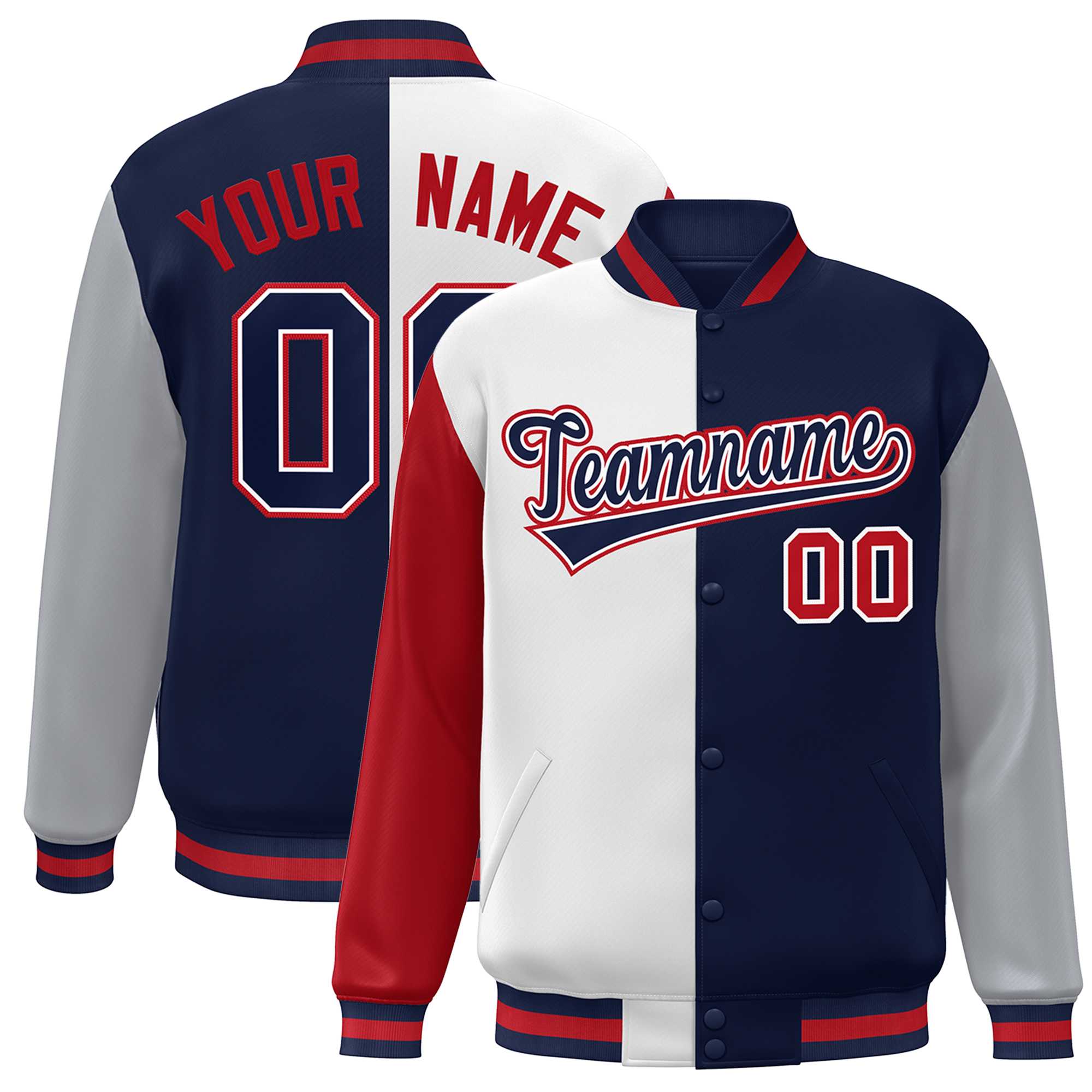 Custom Red White Navy-Gray Color Block Bomber Varsity Full-Snap Baseball Jacket