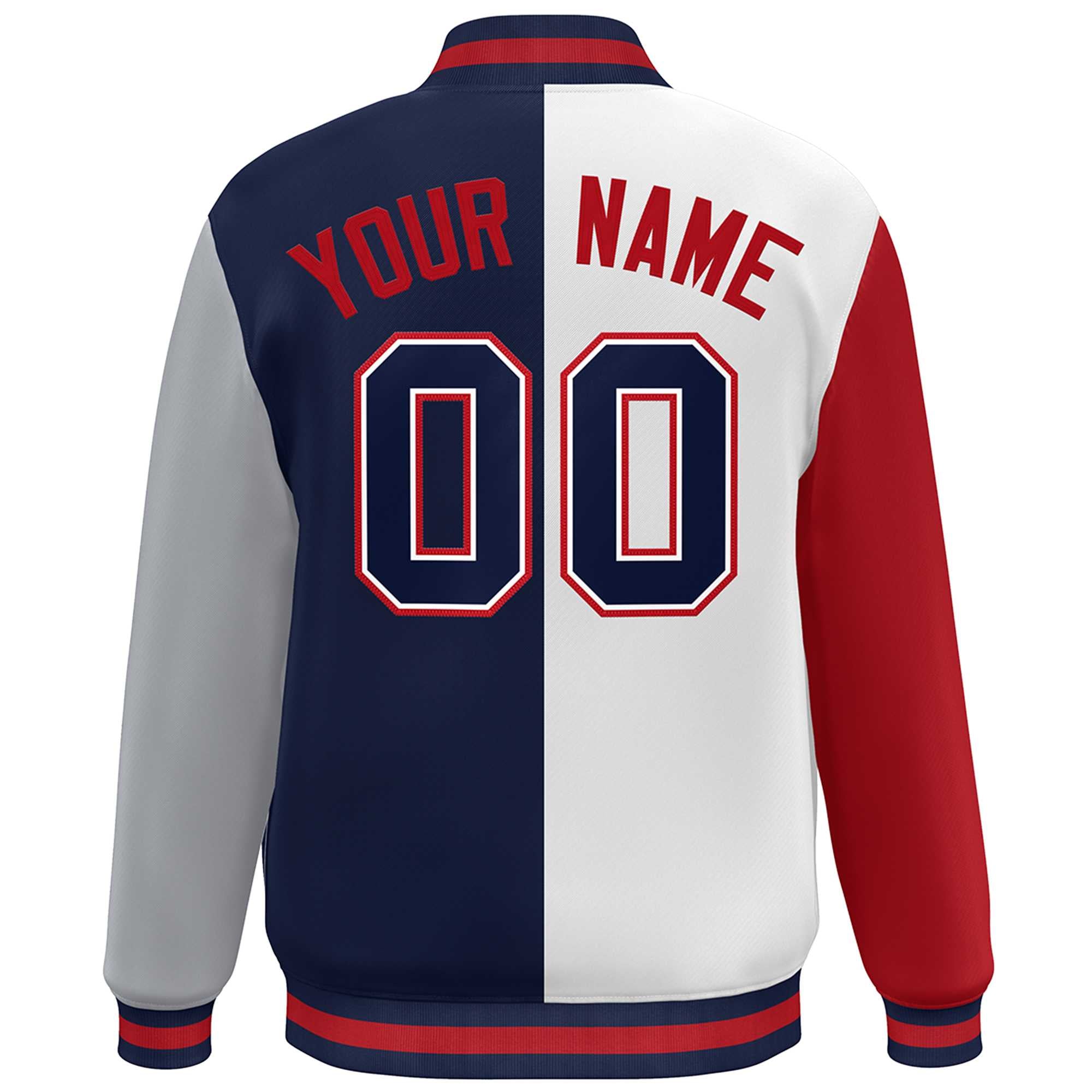 Custom Red White Navy-Gray Color Block Bomber Varsity Full-Snap Baseball Jacket