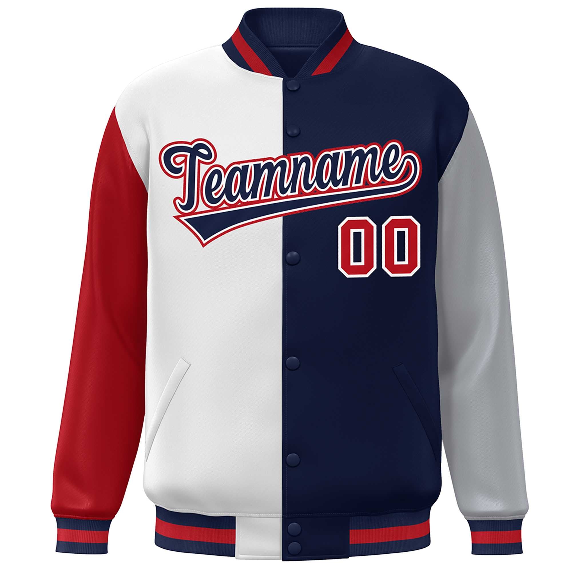 Custom Red White Navy-Gray Color Block Bomber Varsity Full-Snap Baseball Jacket