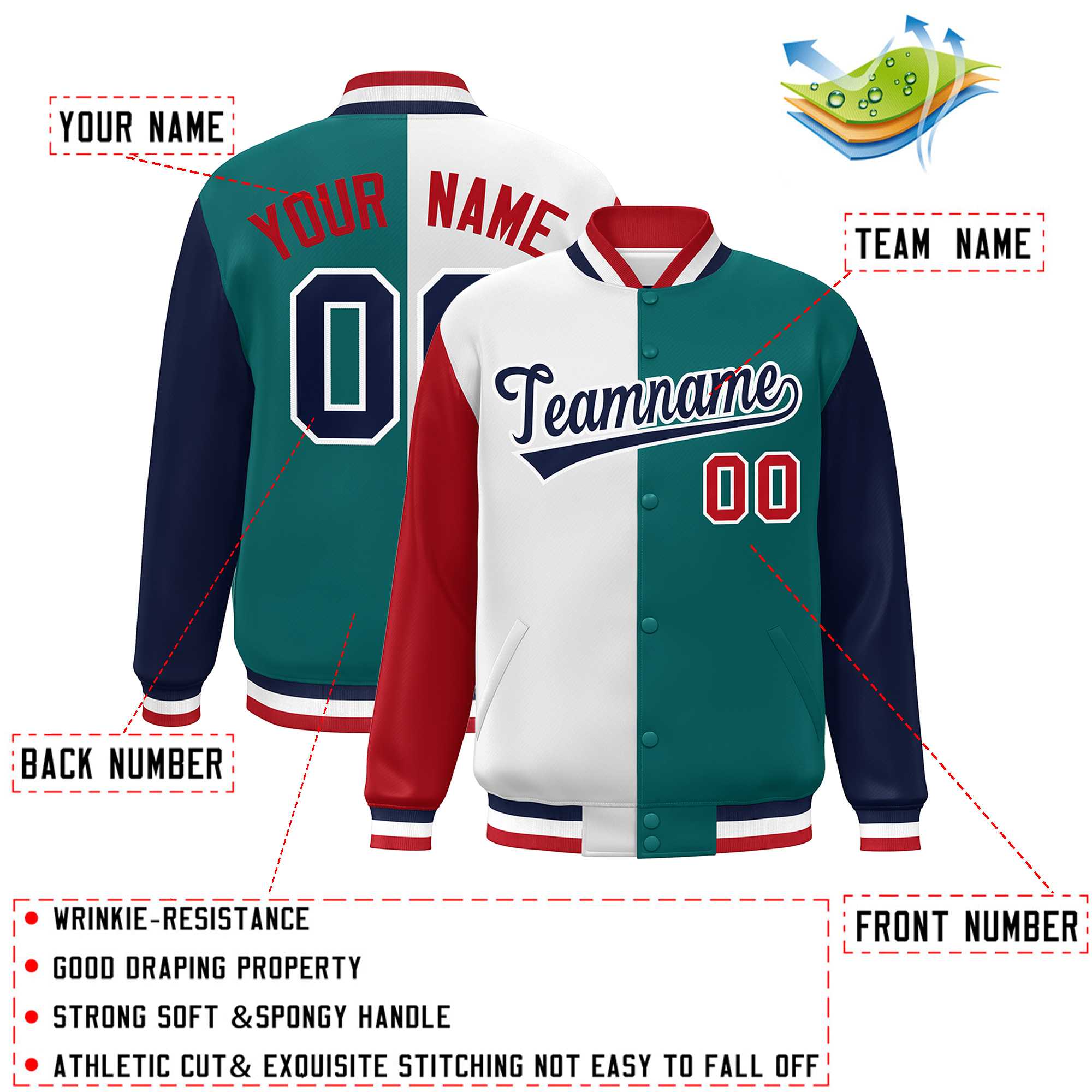 Custom Red White Aqua-Navy Color Block Bomber Varsity Full-Snap Baseball Jacket