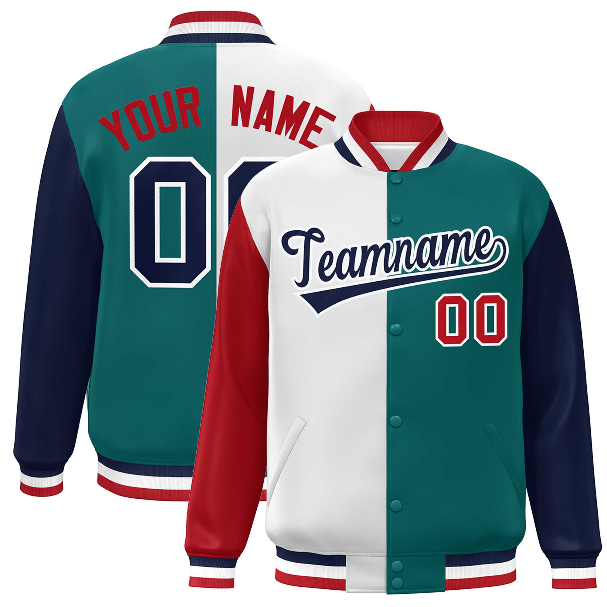 Custom Red White Aqua-Navy Color Block Bomber Varsity Full-Snap Baseball Jacket