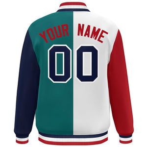 Custom Red White Aqua-Navy Color Block Bomber Varsity Full-Snap Baseball Jacket