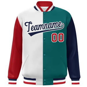 Custom Red White Aqua-Navy Color Block Bomber Varsity Full-Snap Baseball Jacket