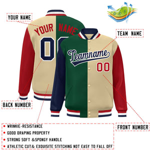 Custom Navy Green Khaki-Red Color Block Bomber Varsity Full-Snap Baseball Jacket