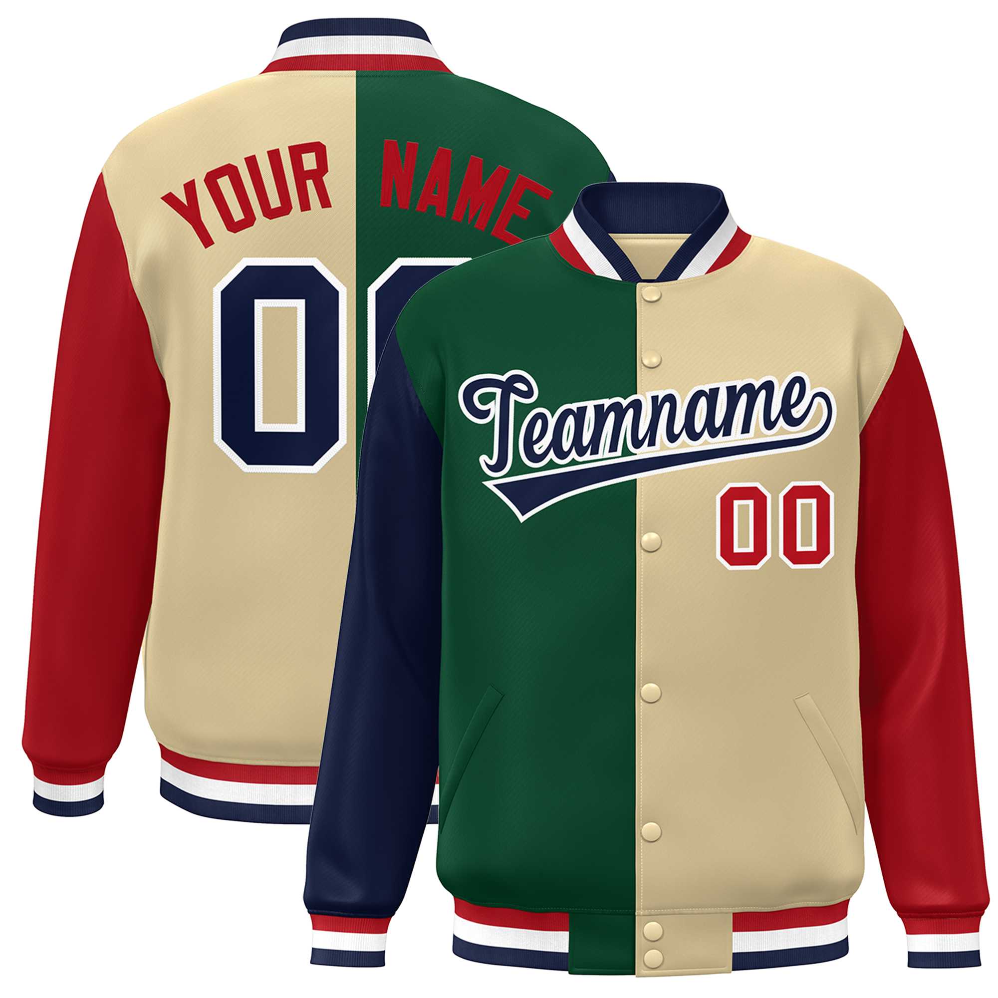 Custom Navy Green Khaki-Red Color Block Bomber Varsity Full-Snap Baseball Jacket