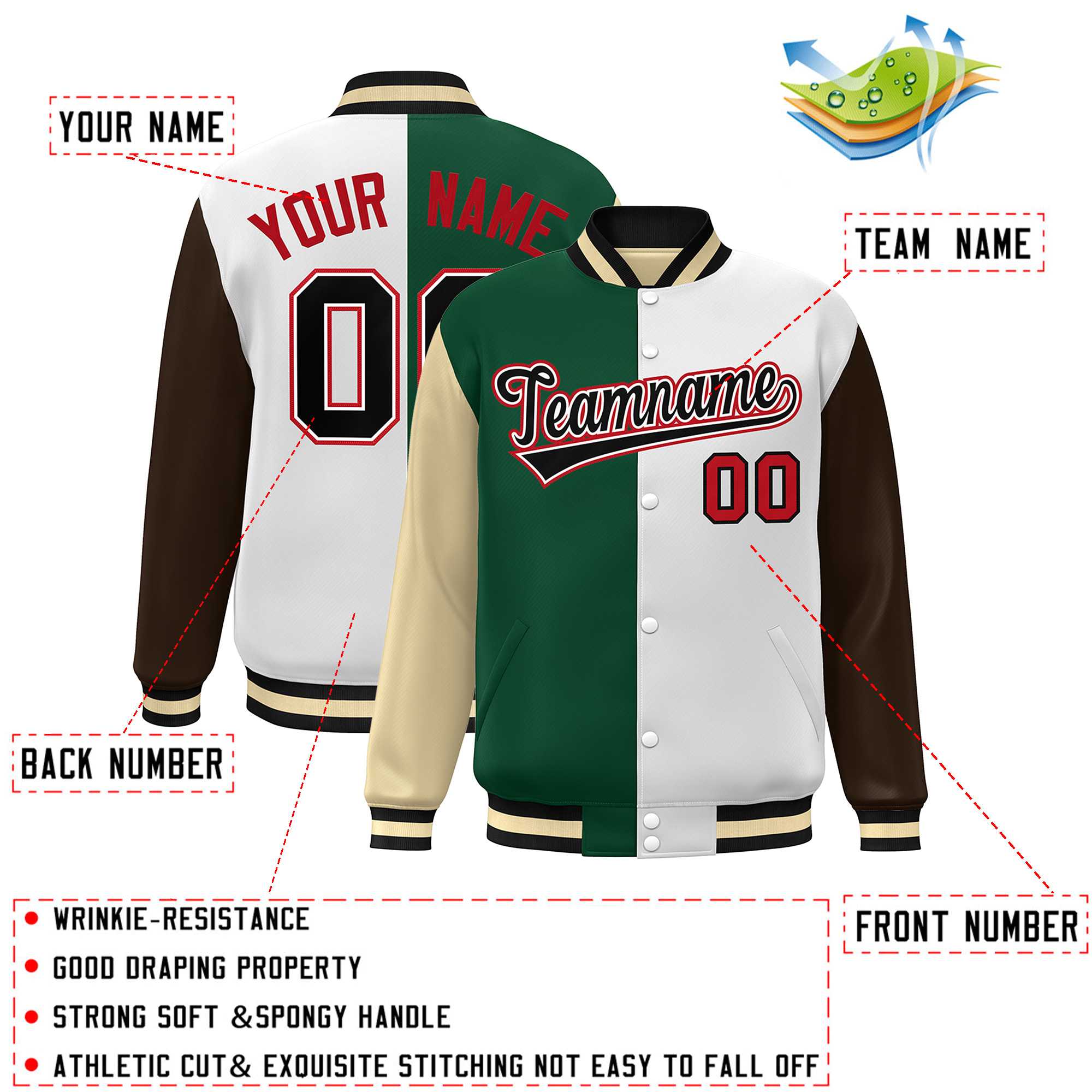 Custom Khaki Green White-Brown Color Block Bomber Varsity Full-Snap Baseball Jacket