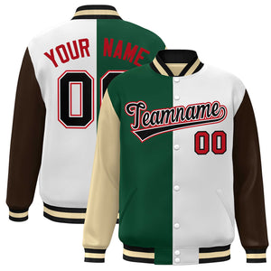 Custom Khaki Green White-Brown Color Block Bomber Varsity Full-Snap Baseball Jacket