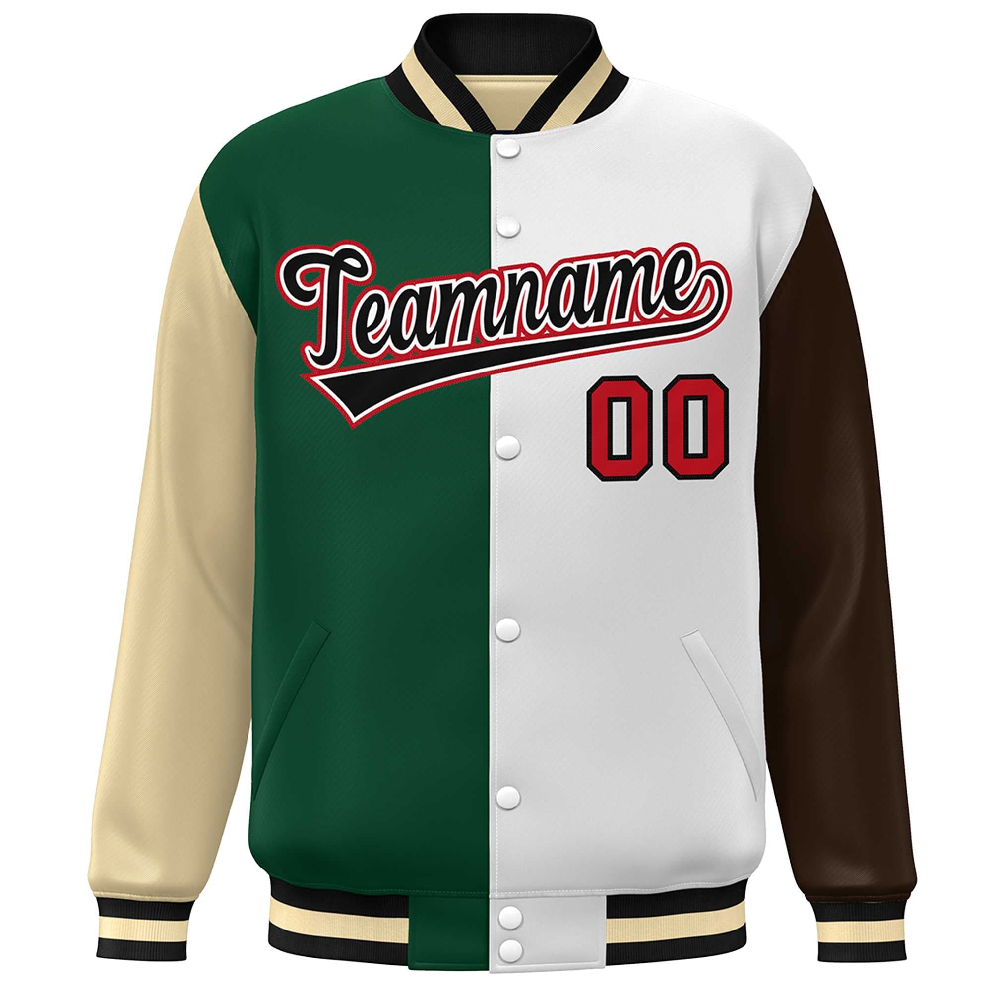 Custom Khaki Green White-Brown Color Block Bomber Varsity Full-Snap Baseball Jacket