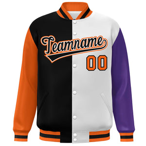 Custom Orange Black White-Purple Color Block Bomber Varsity Full-Snap Baseball Jacket