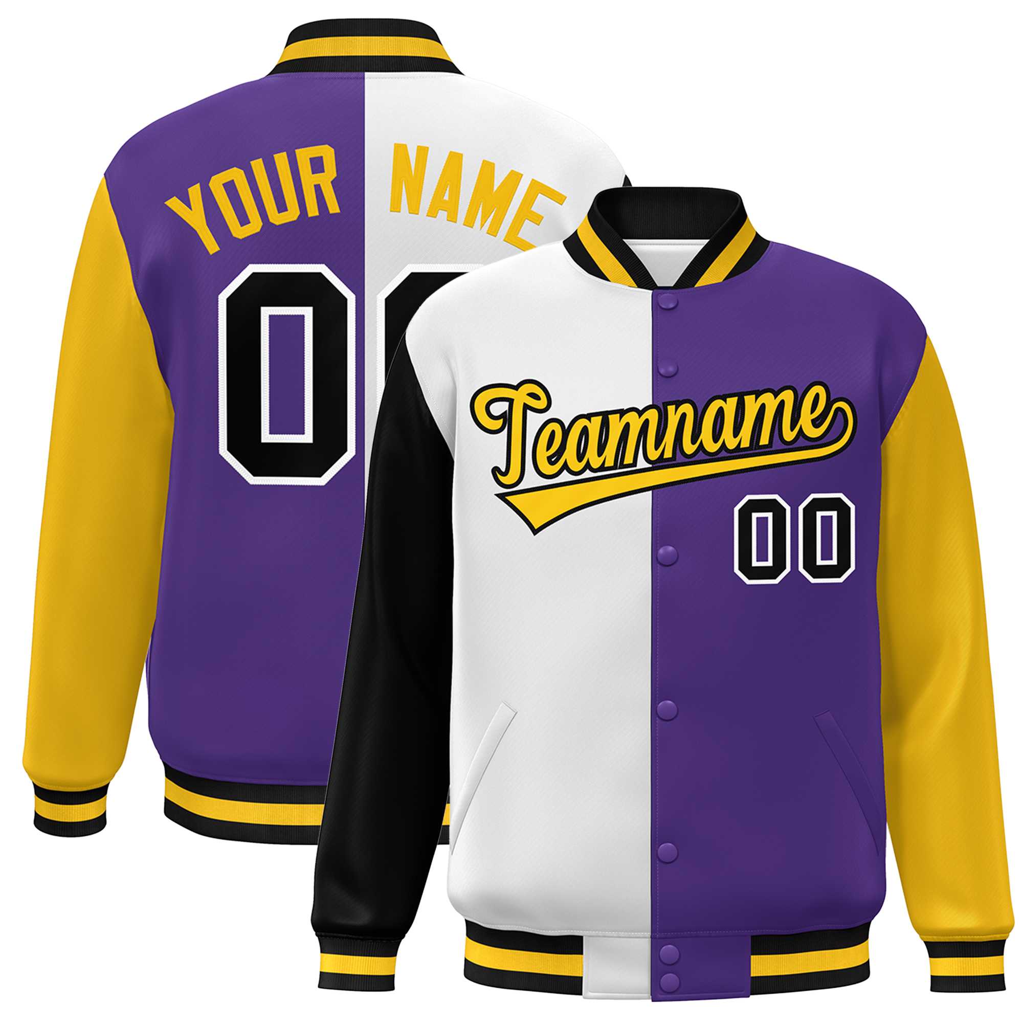 Custom Black White Purple-Gold Color Block Bomber Varsity Full-Snap Baseball Jacket