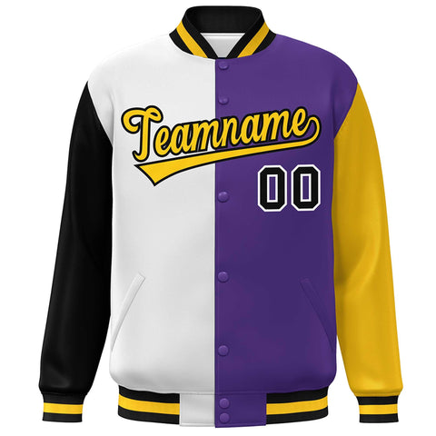 Custom Black White Purple-Gold Color Block Bomber Varsity Full-Snap Baseball Jacket