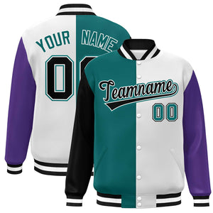 Custom Black Aqua White-Purple Color Block Bomber Varsity Full-Snap Baseball Jacket