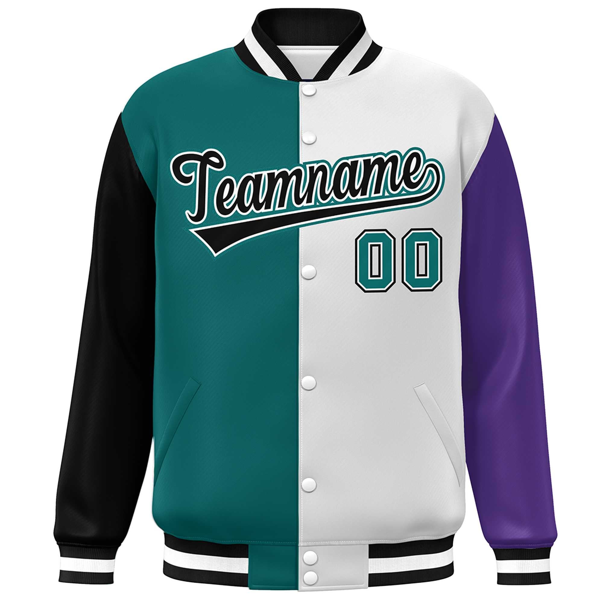 Custom Black Aqua White-Purple Color Block Bomber Varsity Full-Snap Baseball Jacket