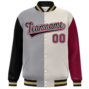 Custom Black Gray Khaki-Crimson Color Block Bomber Varsity Full-Snap Baseball Jacket