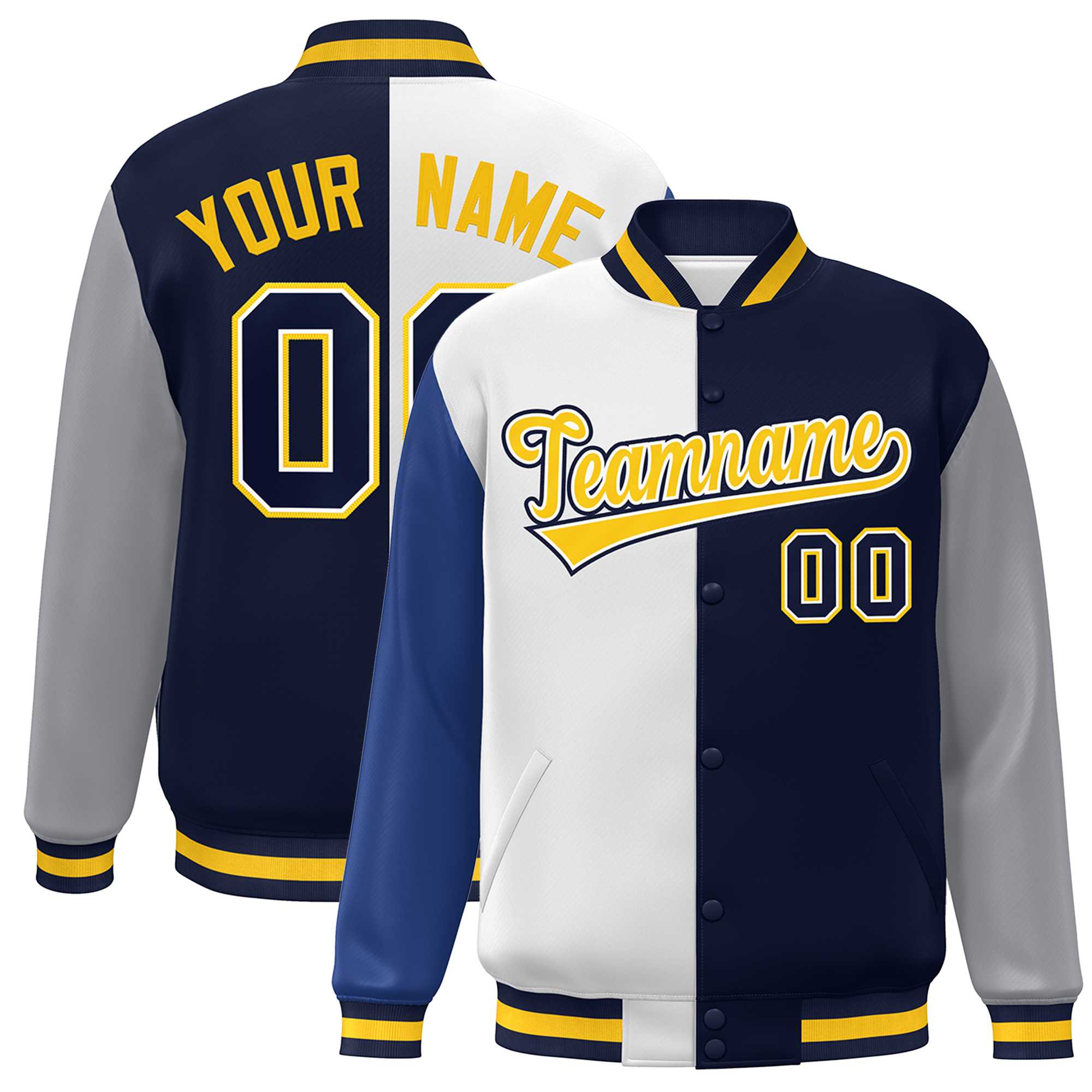 Custom Royal White Navy-Gray Color Block Bomber Varsity Full-Snap Baseball Jacket