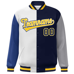 Custom Royal White Navy-Gray Color Block Bomber Varsity Full-Snap Baseball Jacket