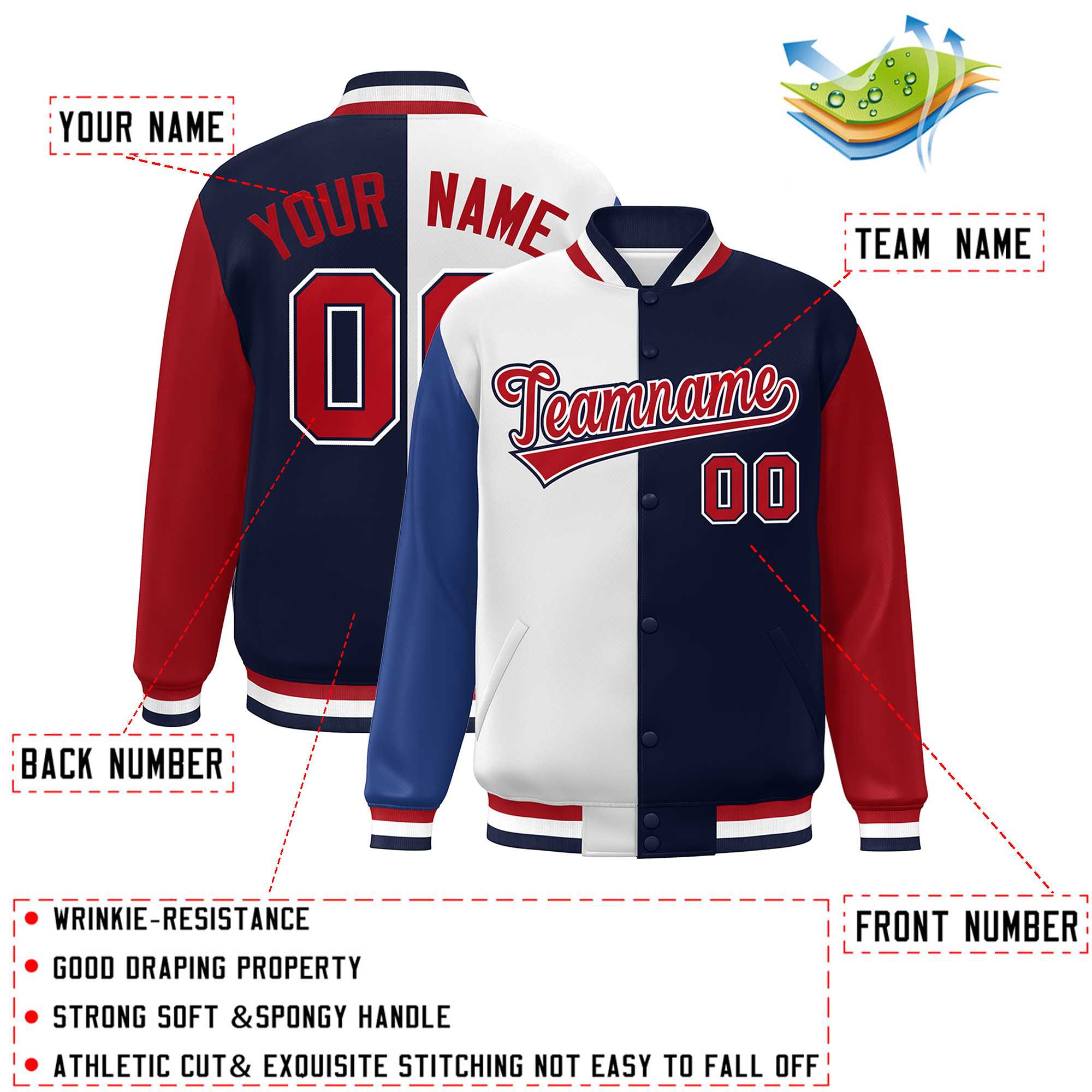 Custom Royal White Navy-Red Color Block Bomber Varsity Full-Snap Baseball Jacket