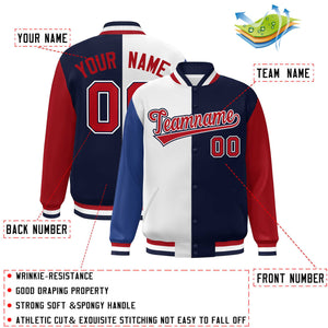 Custom Royal White Navy-Red Color Block Bomber Varsity Full-Snap Baseball Jacket