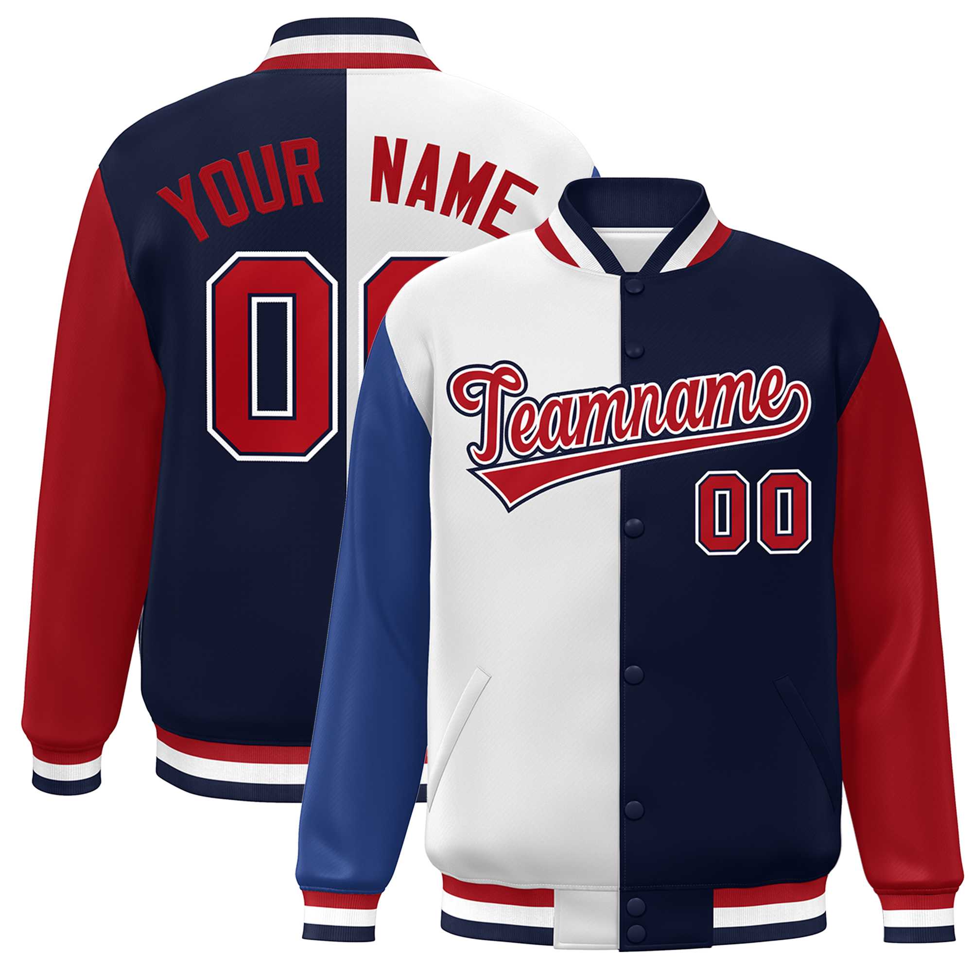 Custom Royal White Navy-Red Color Block Bomber Varsity Full-Snap Baseball Jacket