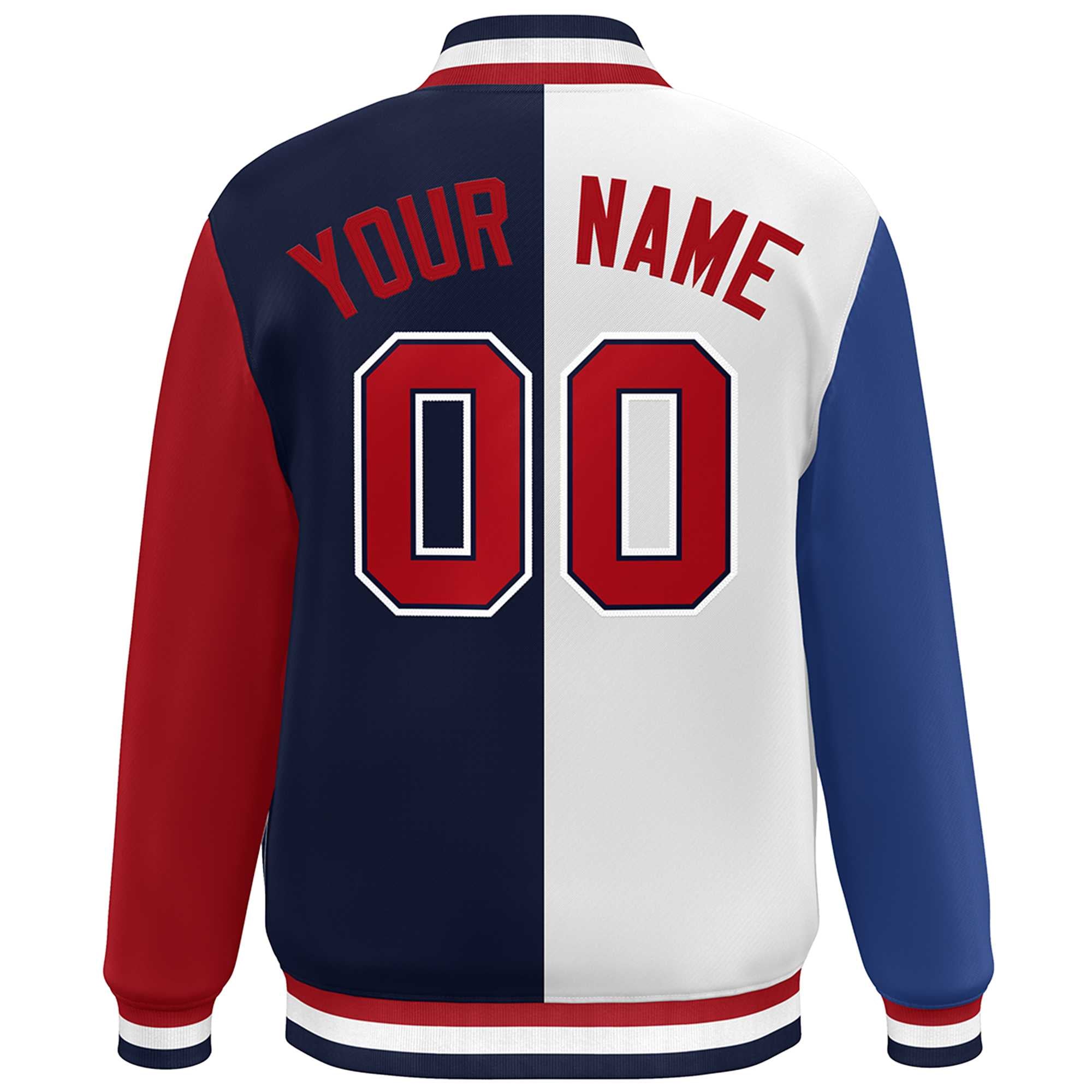 Custom Royal White Navy-Red Color Block Bomber Varsity Full-Snap Baseball Jacket