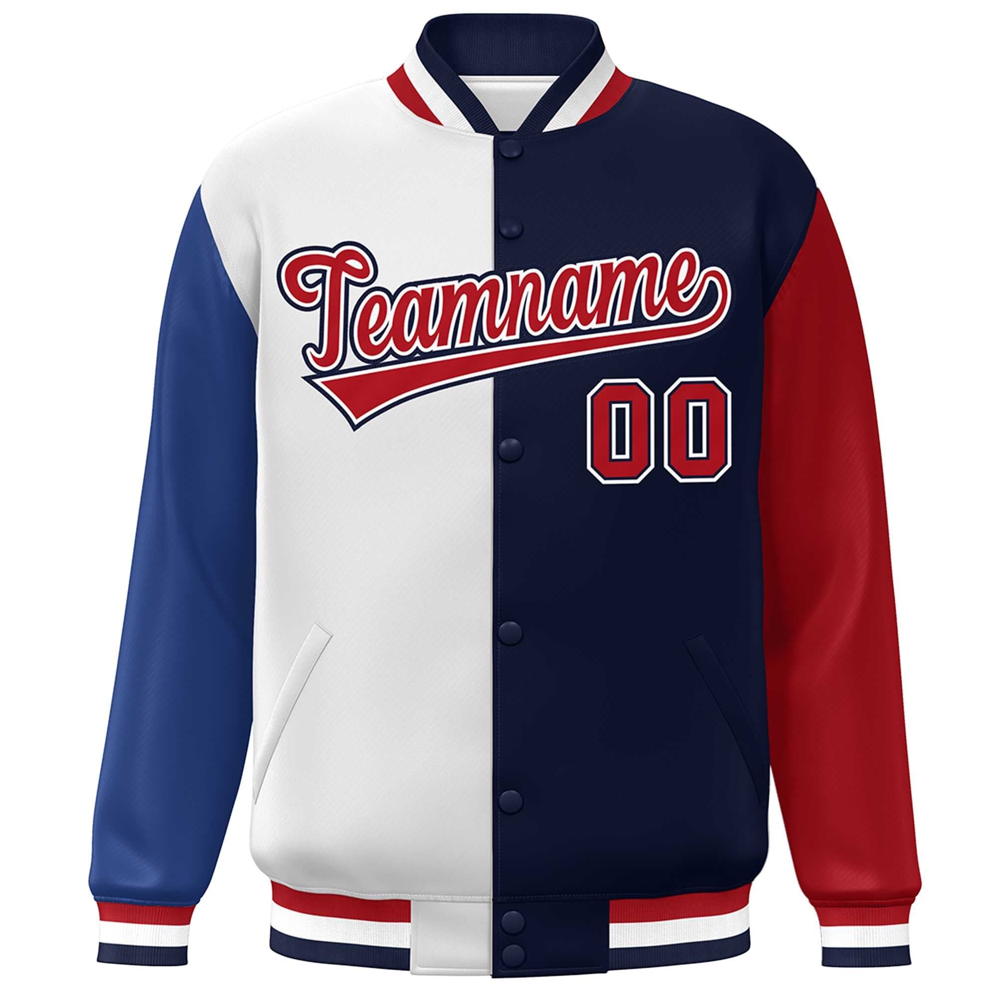 Custom Royal White Navy-Red Color Block Bomber Varsity Full-Snap Baseball Jacket