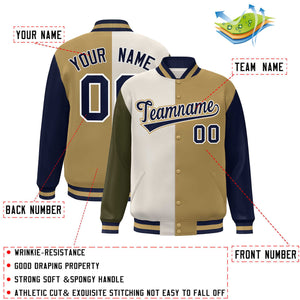 Custom Olive Khaki Old Gold-Navy Color Block Bomber Varsity Full-Snap Baseball Jacket