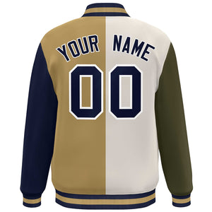 Custom Olive Khaki Old Gold-Navy Color Block Bomber Varsity Full-Snap Baseball Jacket