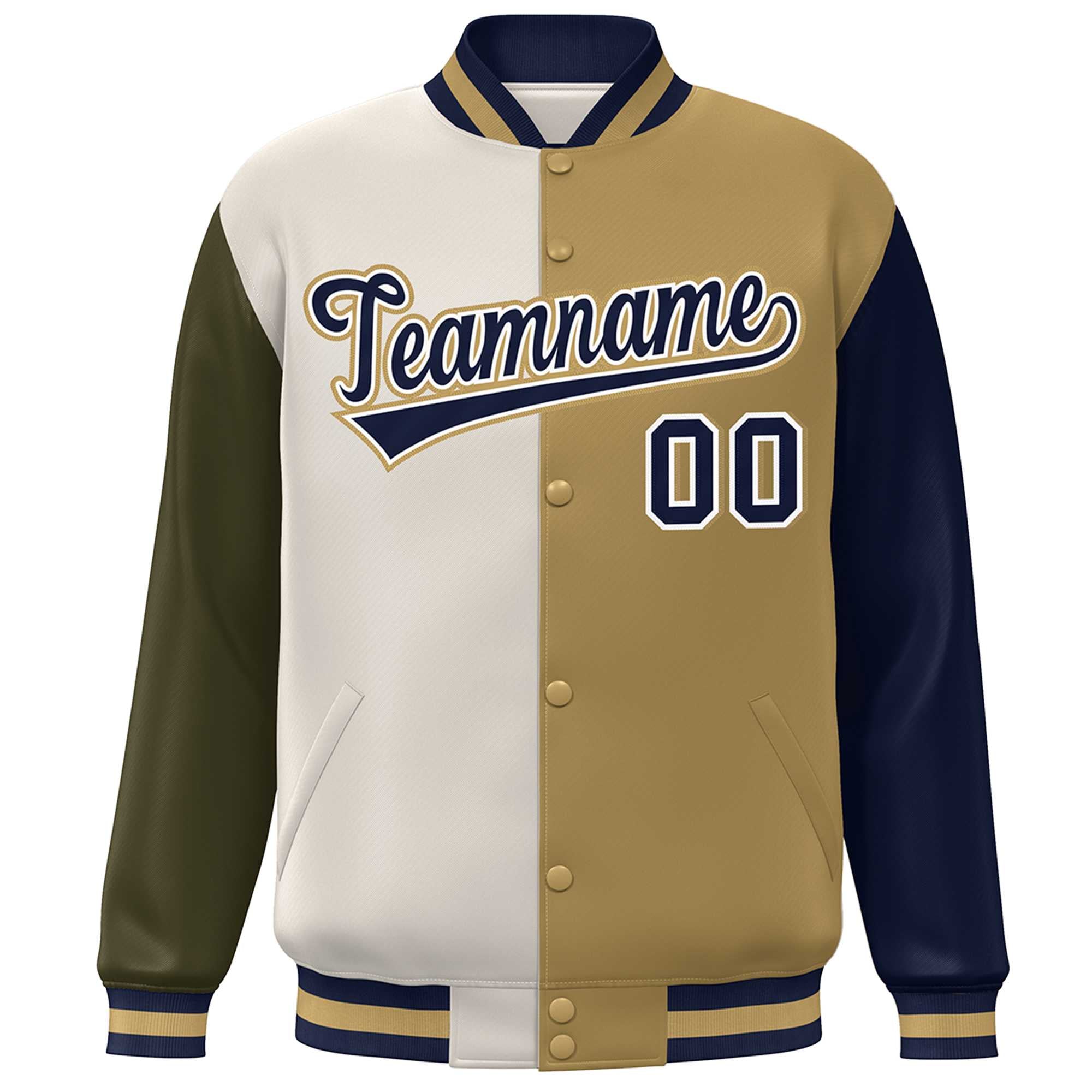 Custom Olive Khaki Old Gold-Navy Color Block Bomber Varsity Full-Snap Baseball Jacket