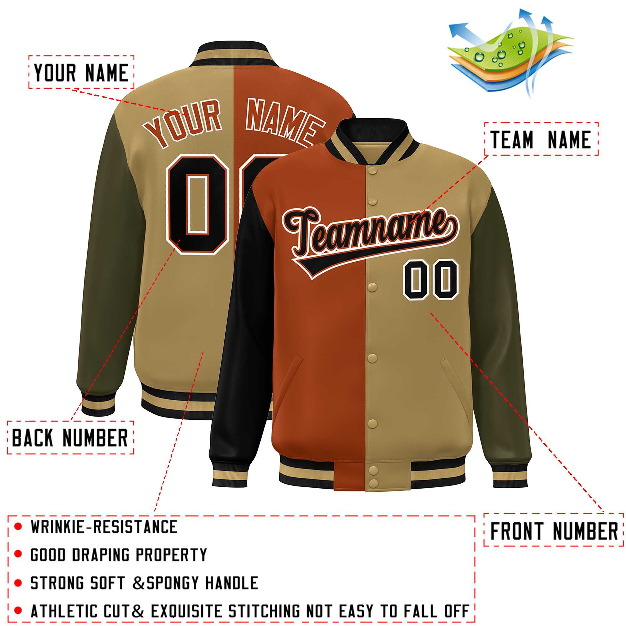 Custom Black Texas Orange Old Gold-Olive Color Block Bomber Varsity Full-Snap Baseball Jacket