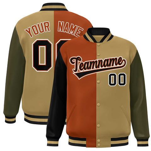 Custom Black Texas Orange Old Gold-Olive Color Block Bomber Varsity Full-Snap Baseball Jacket