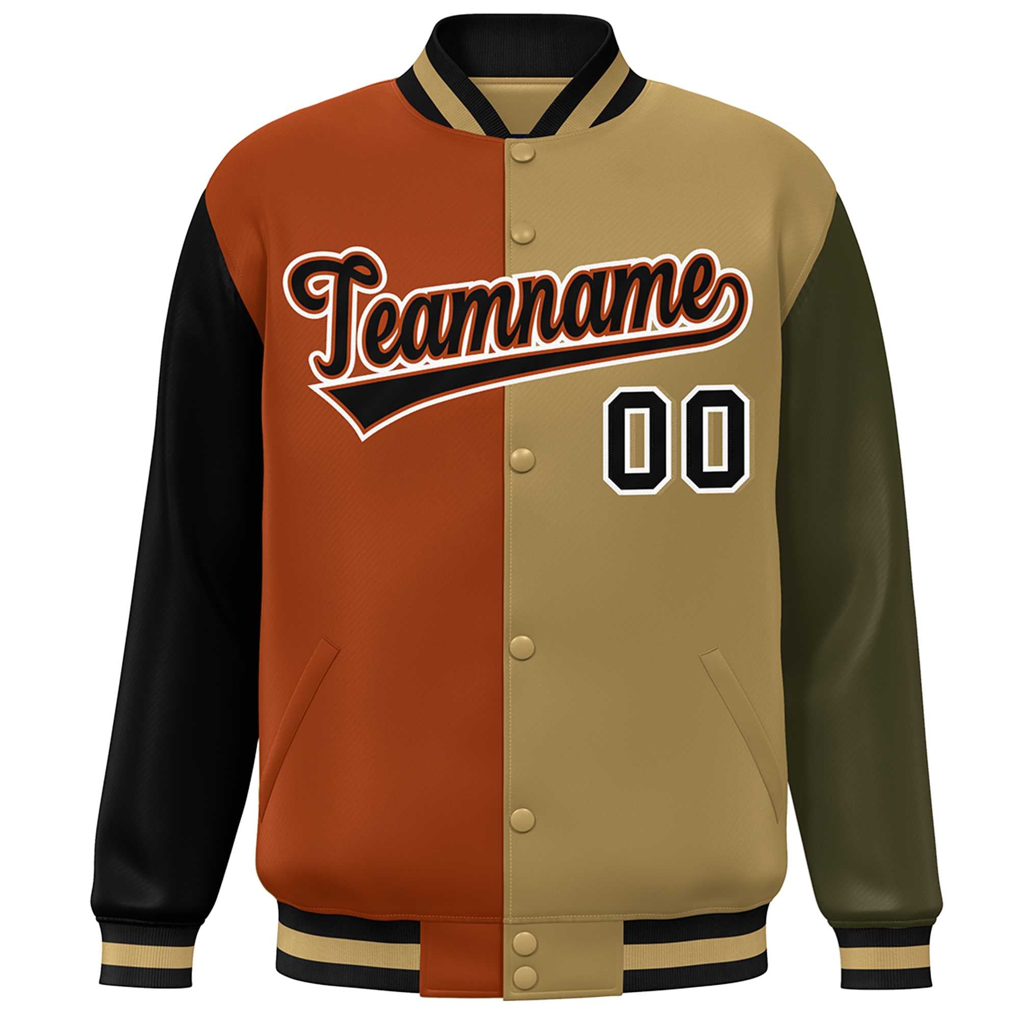 Custom Black Texas Orange Old Gold-Olive Color Block Bomber Varsity Full-Snap Baseball Jacket