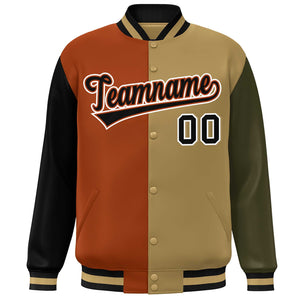 Custom Black Texas Orange Old Gold-Olive Color Block Bomber Varsity Full-Snap Baseball Jacket