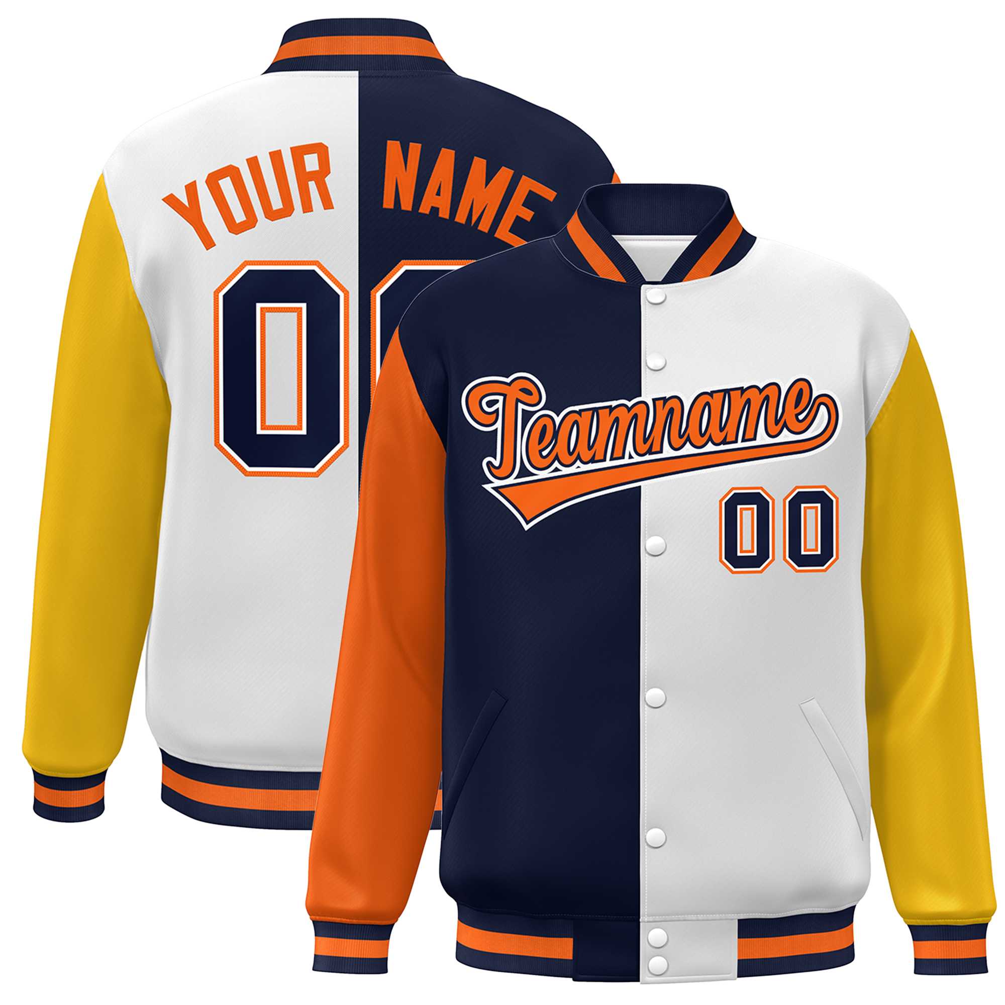 Custom Orange Navy White-Gold Color Block Bomber Varsity Full-Snap Baseball Jacket