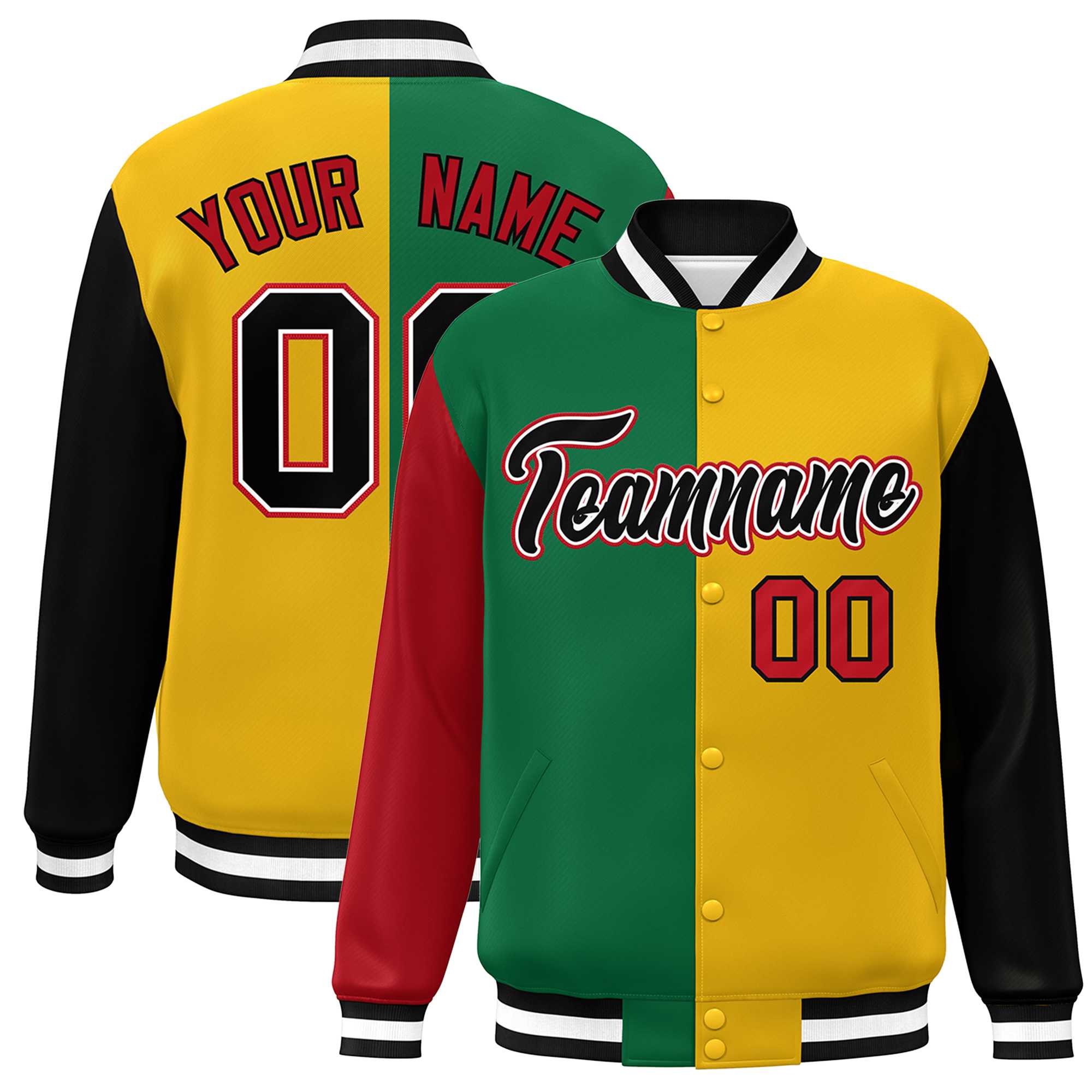 Custom Red Kelly Green Gold-Black Color Block Bomber Varsity Full-Snap Baseball Jacket