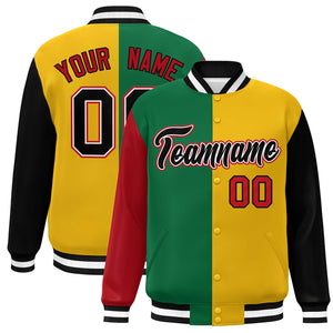 Custom Red Kelly Green Gold-Black Color Block Bomber Varsity Full-Snap Baseball Jacket