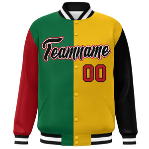 Custom Red Kelly Green Gold-Black Color Block Bomber Varsity Full-Snap Baseball Jacket