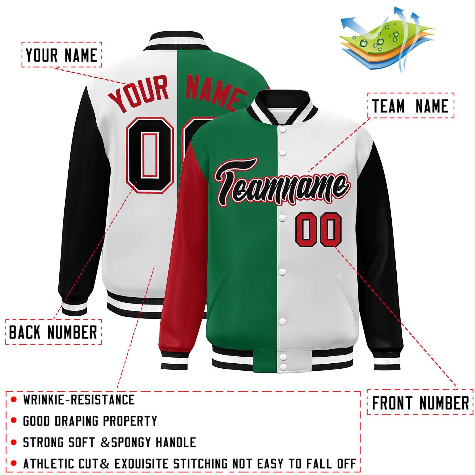 Custom Red Kelly Green White-Black Color Block Bomber Varsity Full-Snap Baseball Jacket