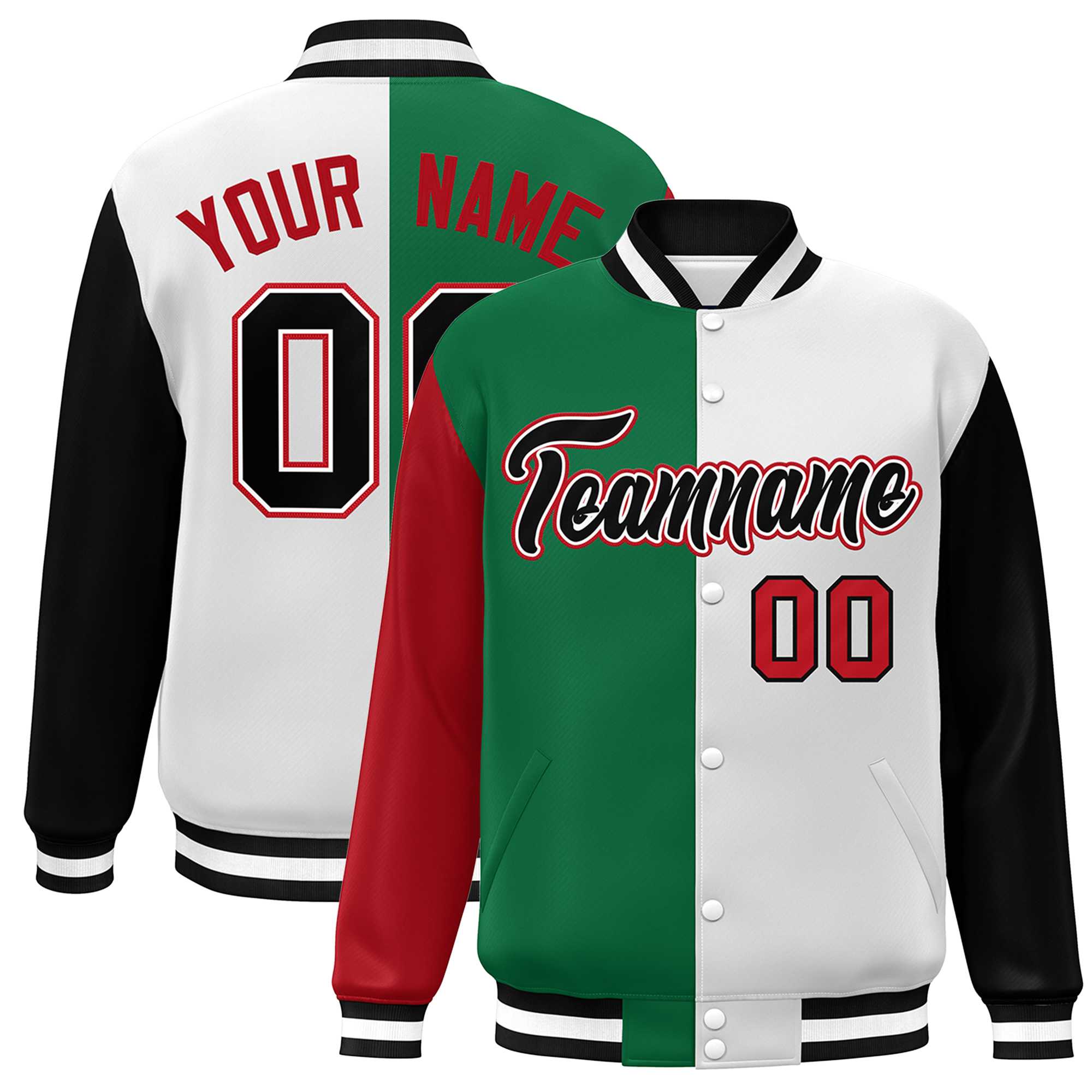 Custom Red Kelly Green White-Black Color Block Bomber Varsity Full-Snap Baseball Jacket