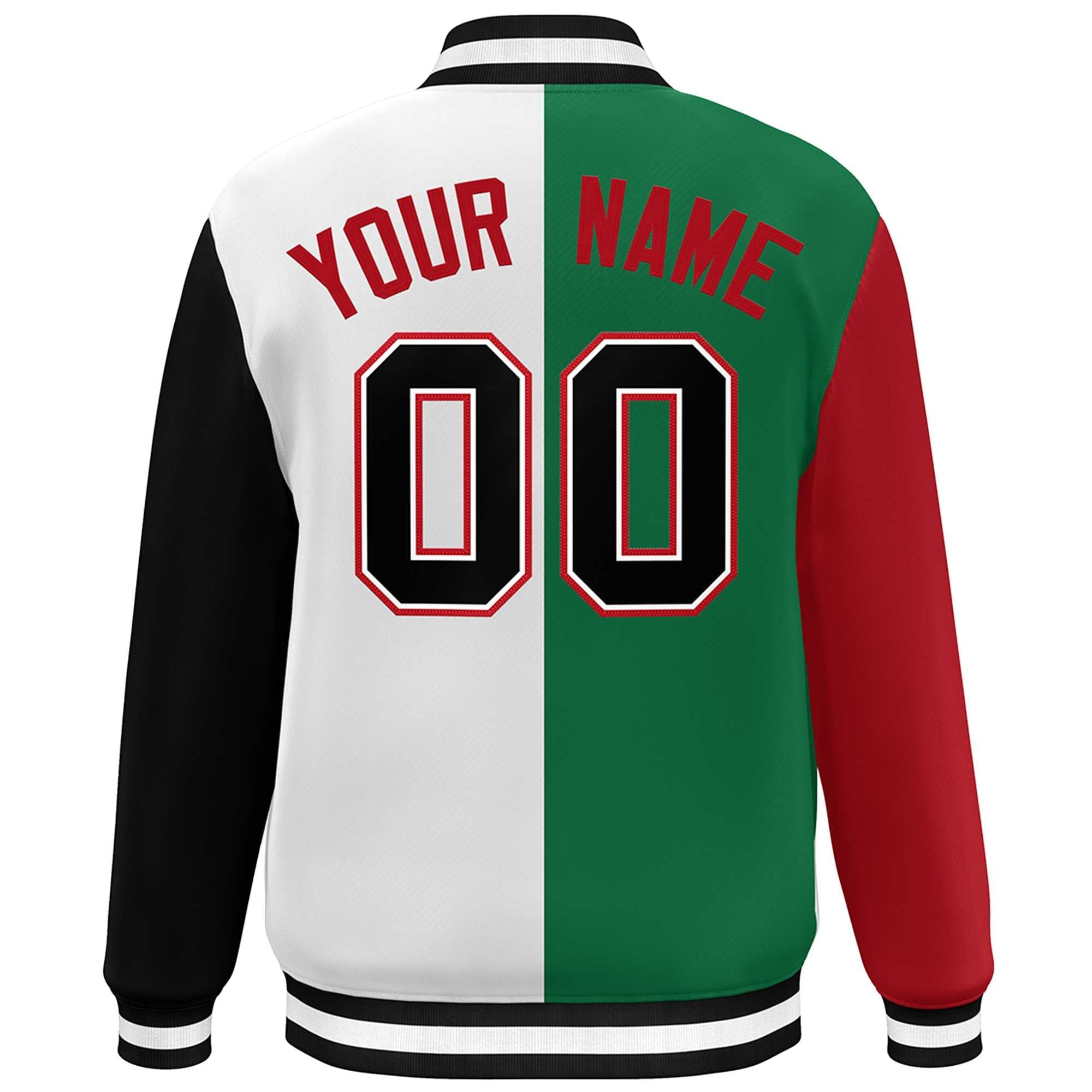 Custom Red Kelly Green White-Black Color Block Bomber Varsity Full-Snap Baseball Jacket