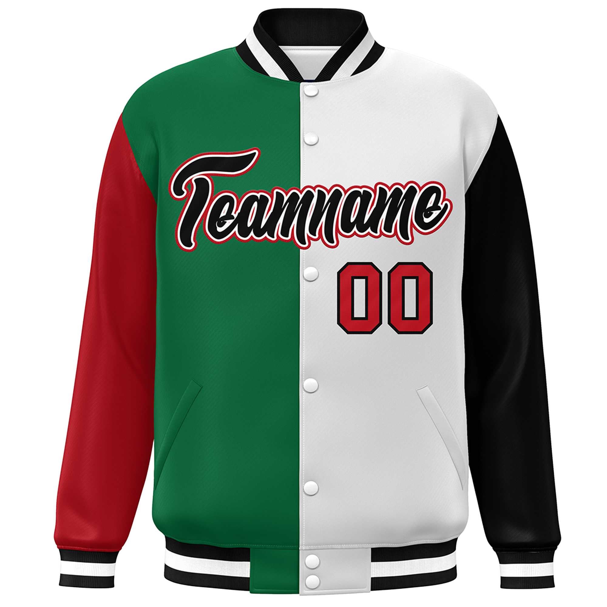 Custom Red Kelly Green White-Black Color Block Bomber Varsity Full-Snap Baseball Jacket