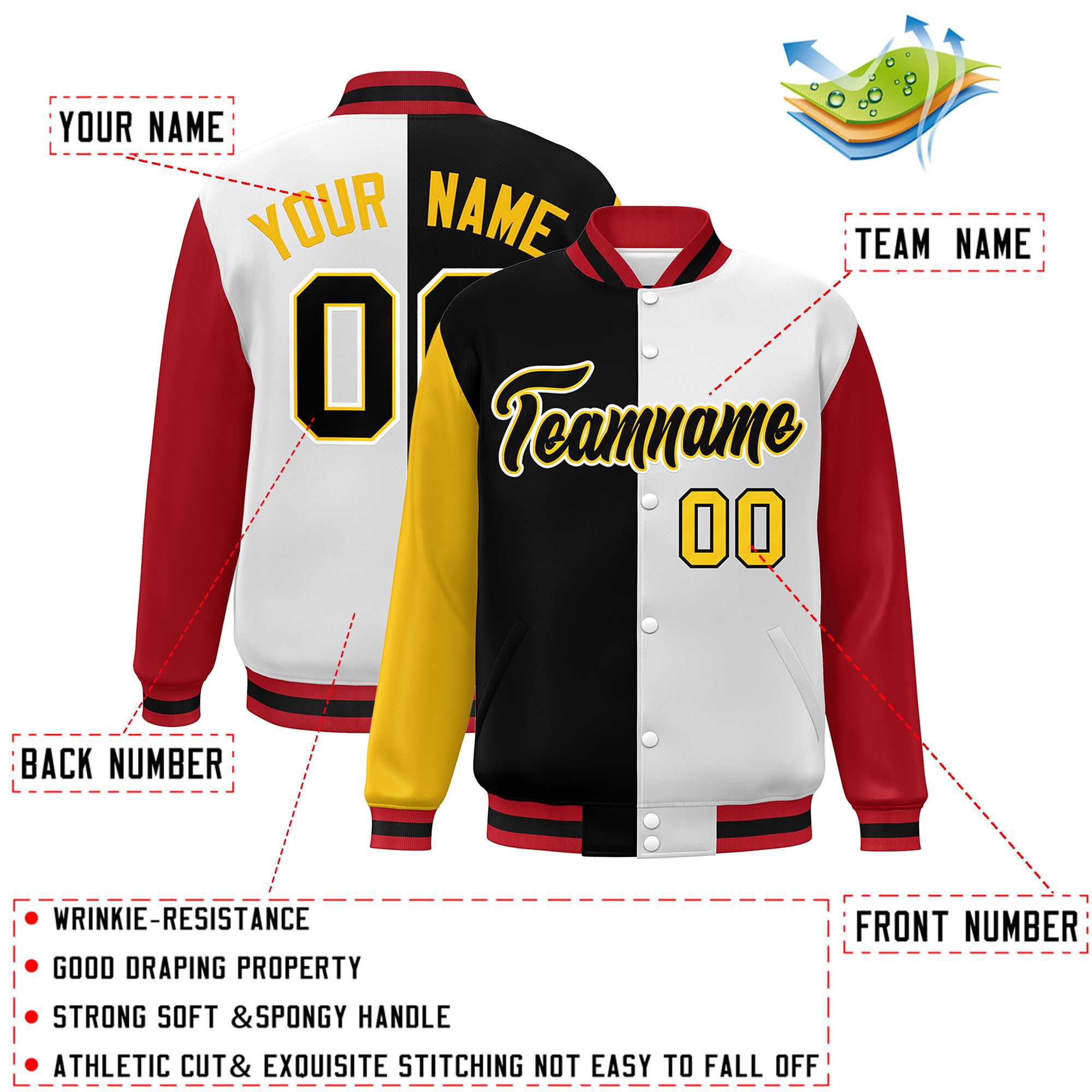 Custom Gold Black White-Red Color Block Bomber Varsity Full-Snap Baseball Jacket