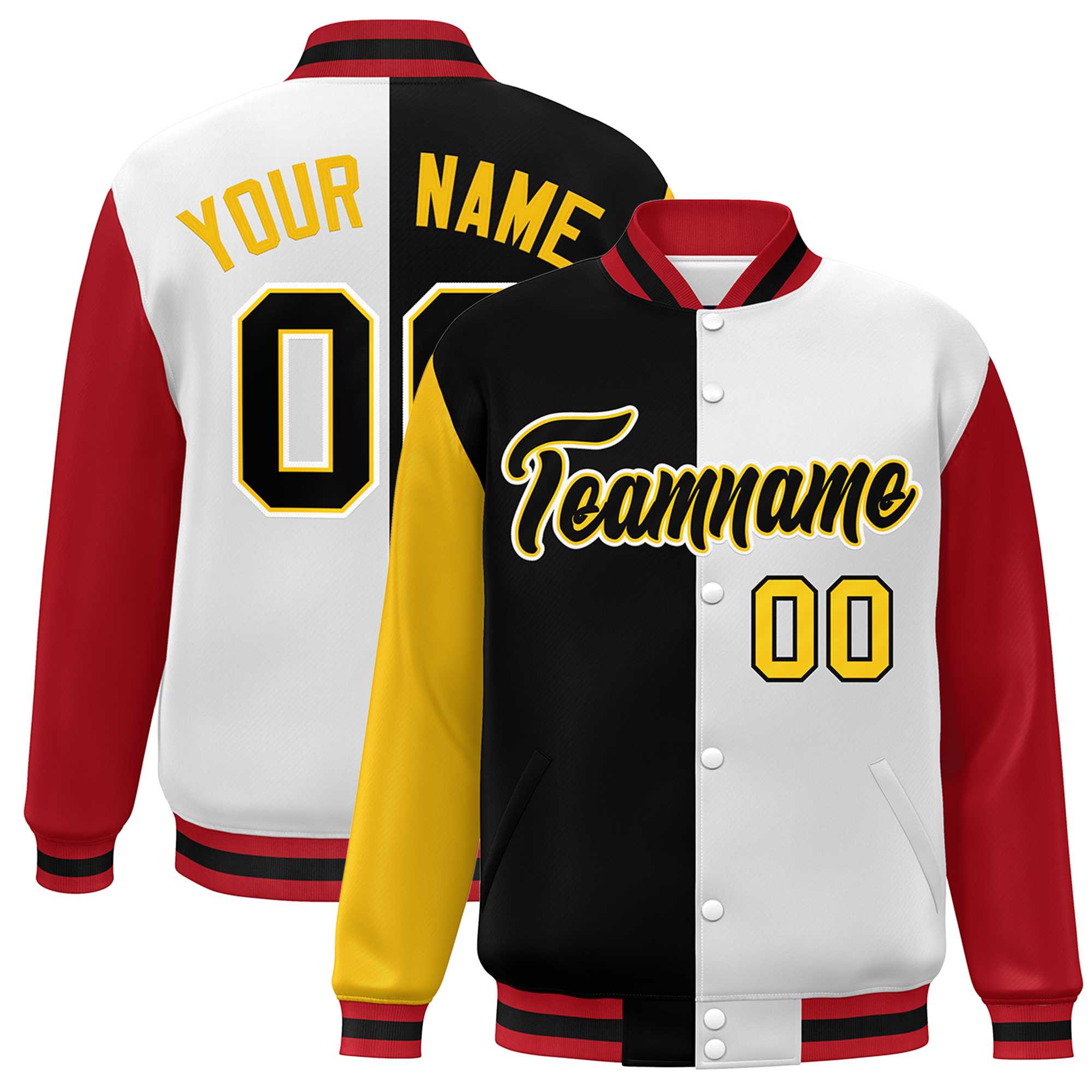 Custom Gold Black White-Red Color Block Bomber Varsity Full-Snap Baseball Jacket