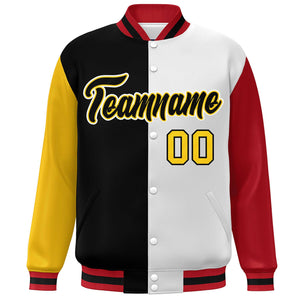 Custom Gold Black White-Red Color Block Bomber Varsity Full-Snap Baseball Jacket