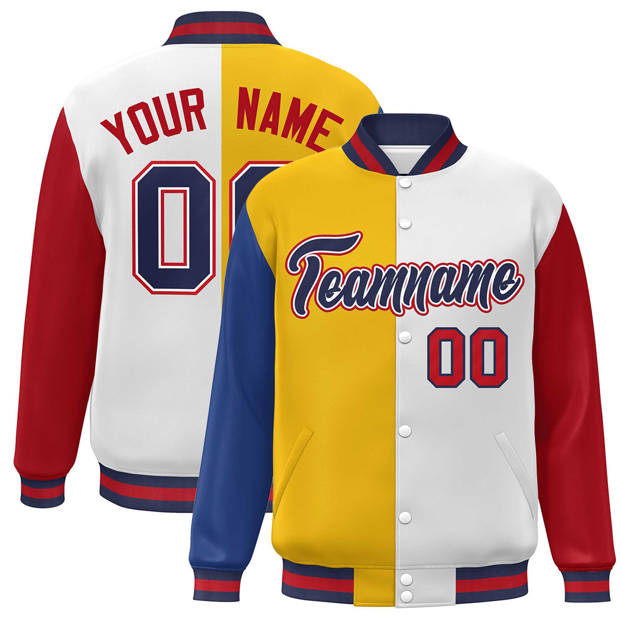 Custom Royal Gold White-Red Color Block Bomber Varsity Full-Snap Baseball Jacket