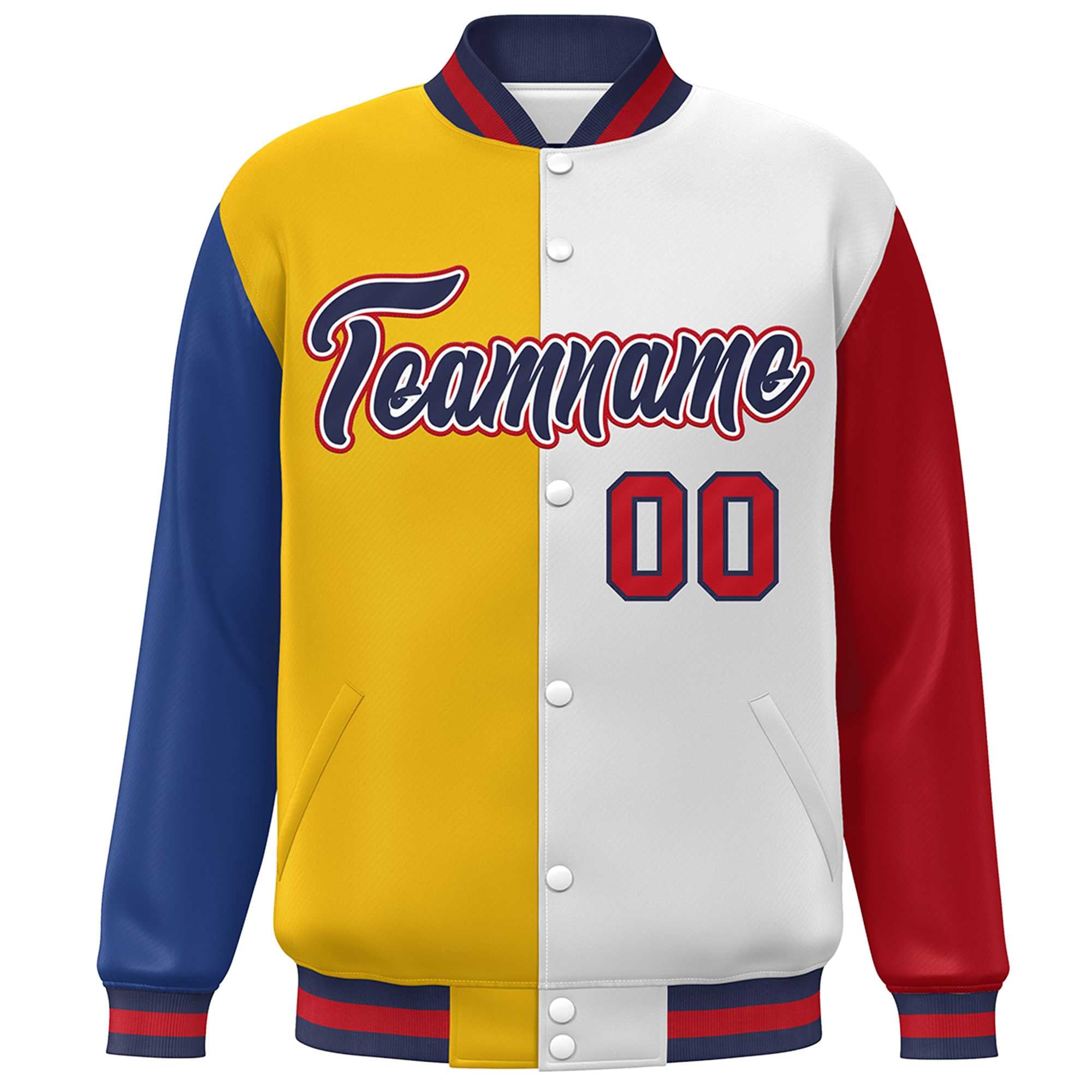 Custom Royal Gold White-Red Color Block Bomber Varsity Full-Snap Baseball Jacket