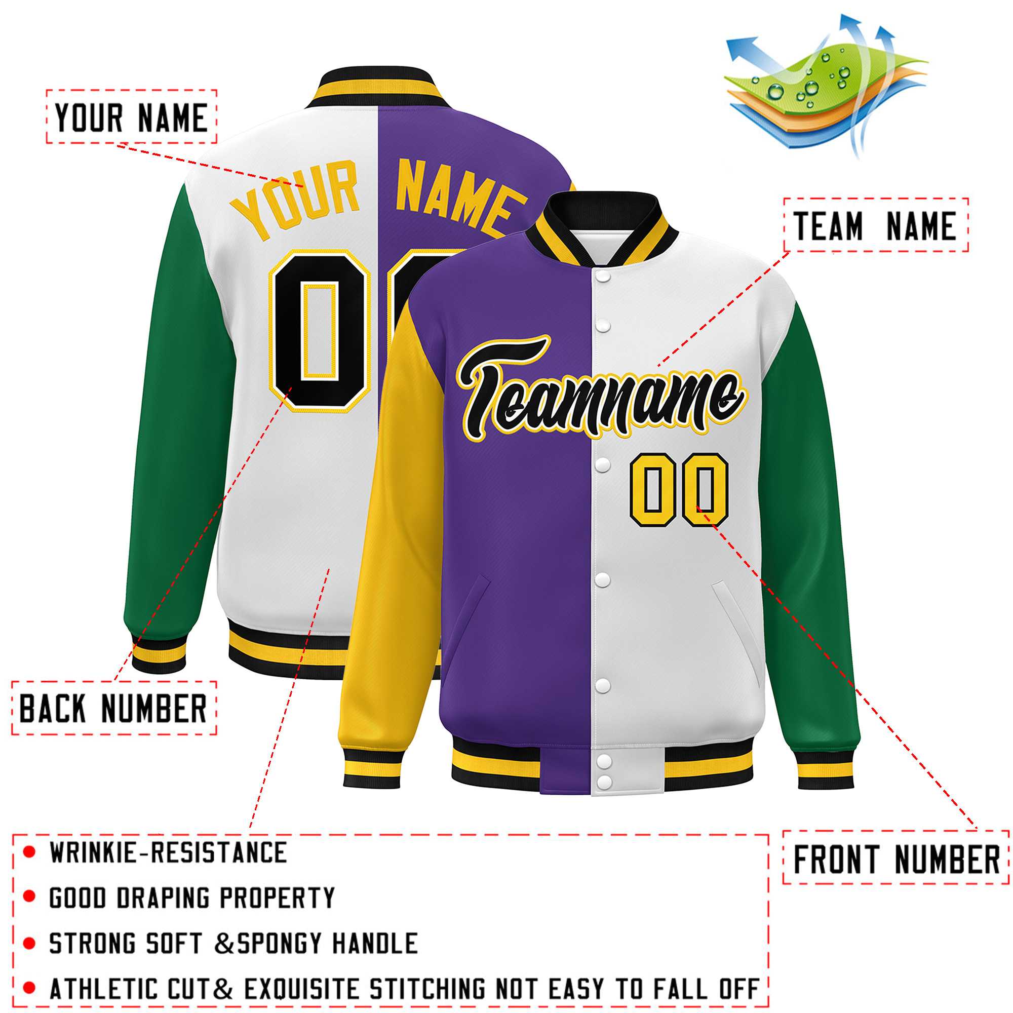 Custom Gold Purple White-Kelly Green Color Block Bomber Varsity Full-Snap Baseball Jacket