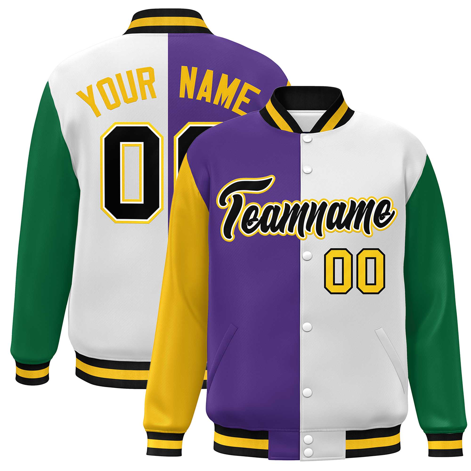 Custom Gold Purple White-Kelly Green Color Block Bomber Varsity Full-Snap Baseball Jacket