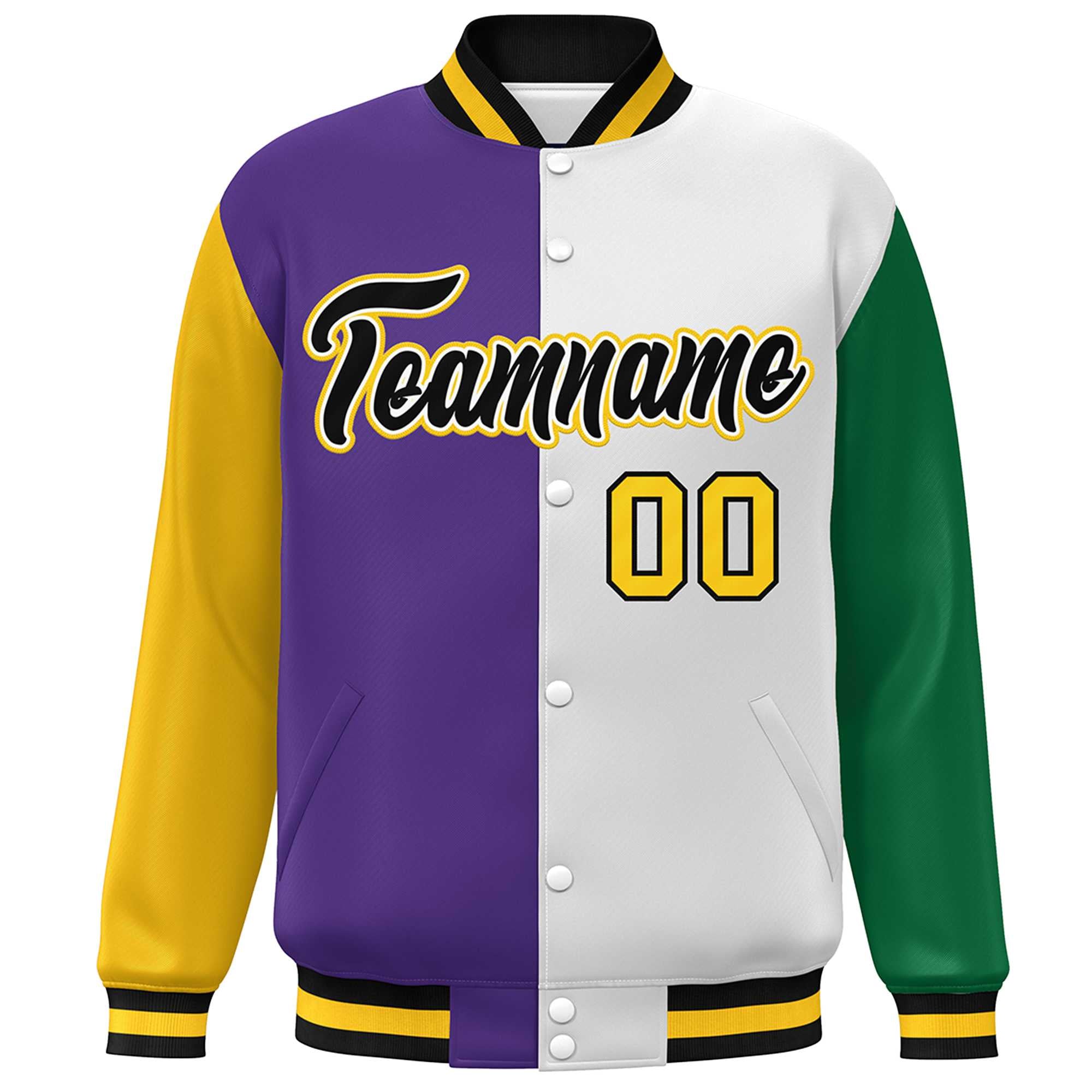 Custom Gold Purple White-Kelly Green Color Block Bomber Varsity Full-Snap Baseball Jacket